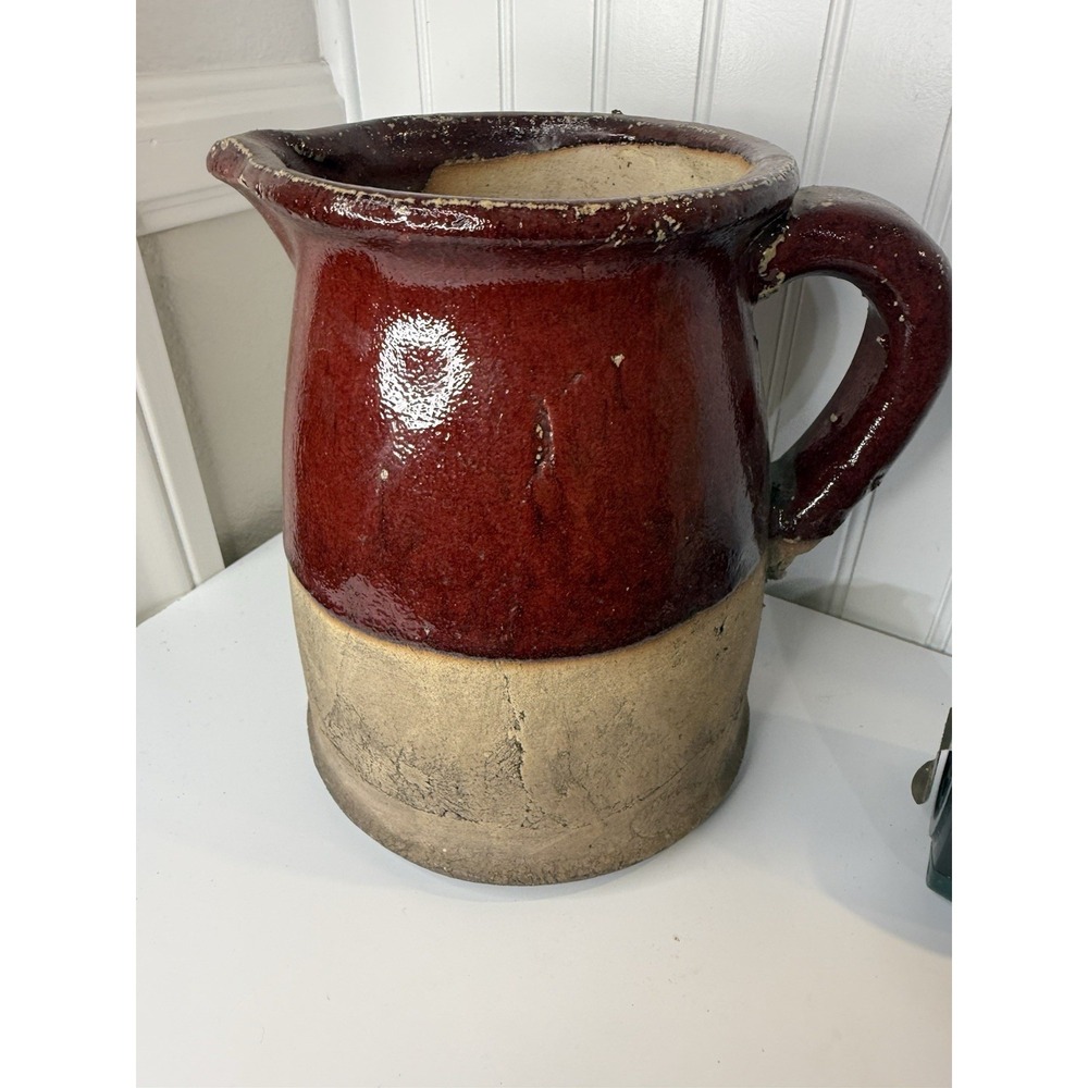 Antique Two Tone Glazed Stoneware Pitcher Crock 9.5" c.1890-1930